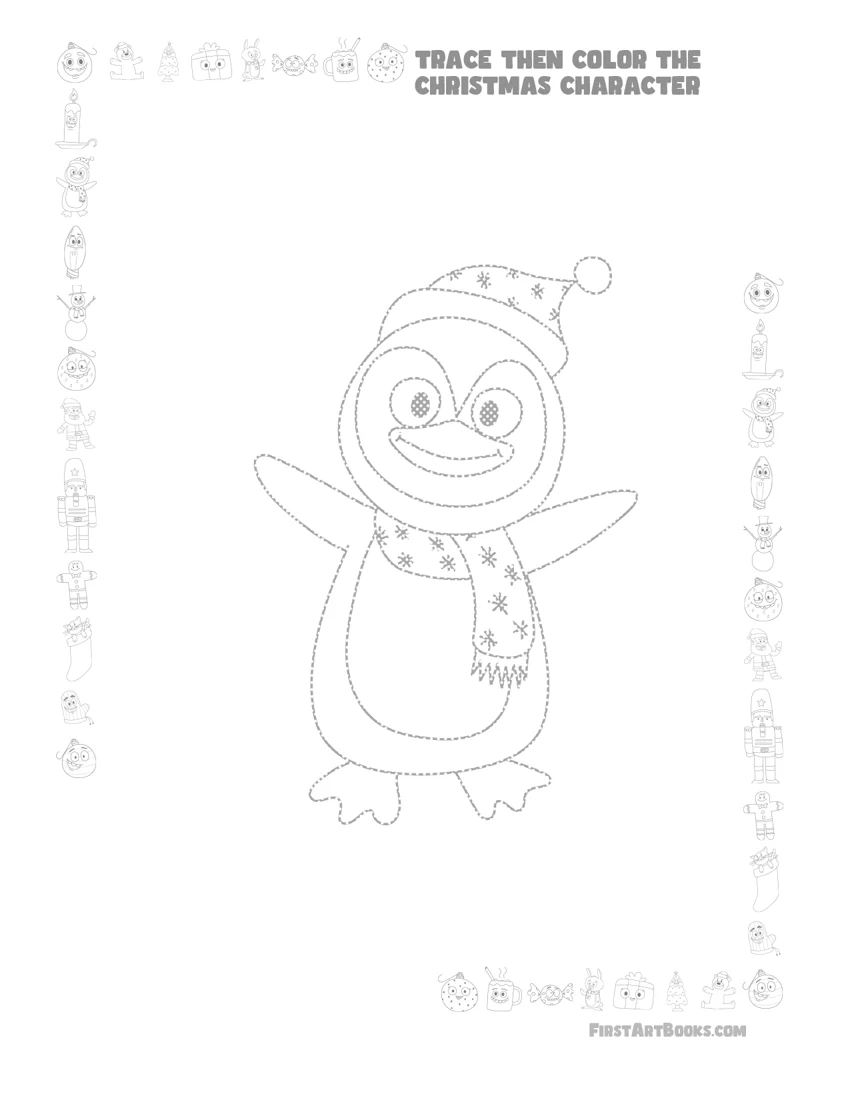 Free Christmas Penguin Tracing and Coloring Page actual book preview